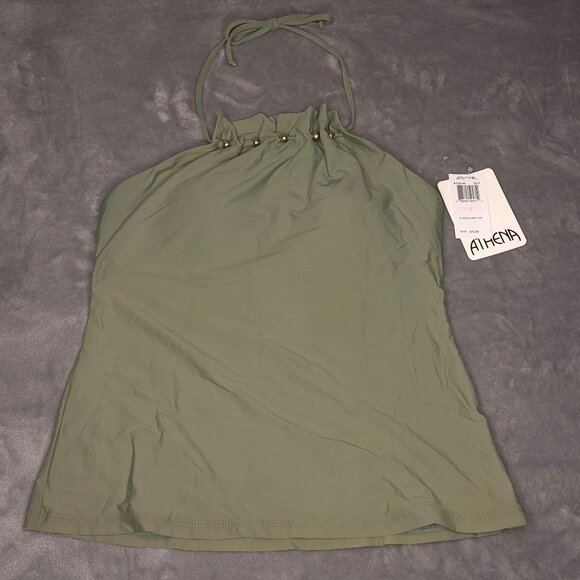 Athena Olive Hi-Neck Halter Crop Tankini Top 6 Gold Bead Accents Swimwear - Picture 1 of 5